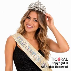 SET VINCHA Y BANDA FELIZ CUMPLEA�OS STRASS CORAZON ORO (10548S)